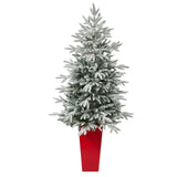 5’ Flocked Manchester Spruce Artificial Christmas Tree with 100 Lights and 357 Bendable Branches in Red Tower Planter-Christmas Tree-Parc Decor