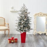 5’ Flocked Manchester Spruce Artificial Christmas Tree with 100 Lights and 357 Bendable Branches in Red Tower Planter-Christmas Tree-Parc Decor