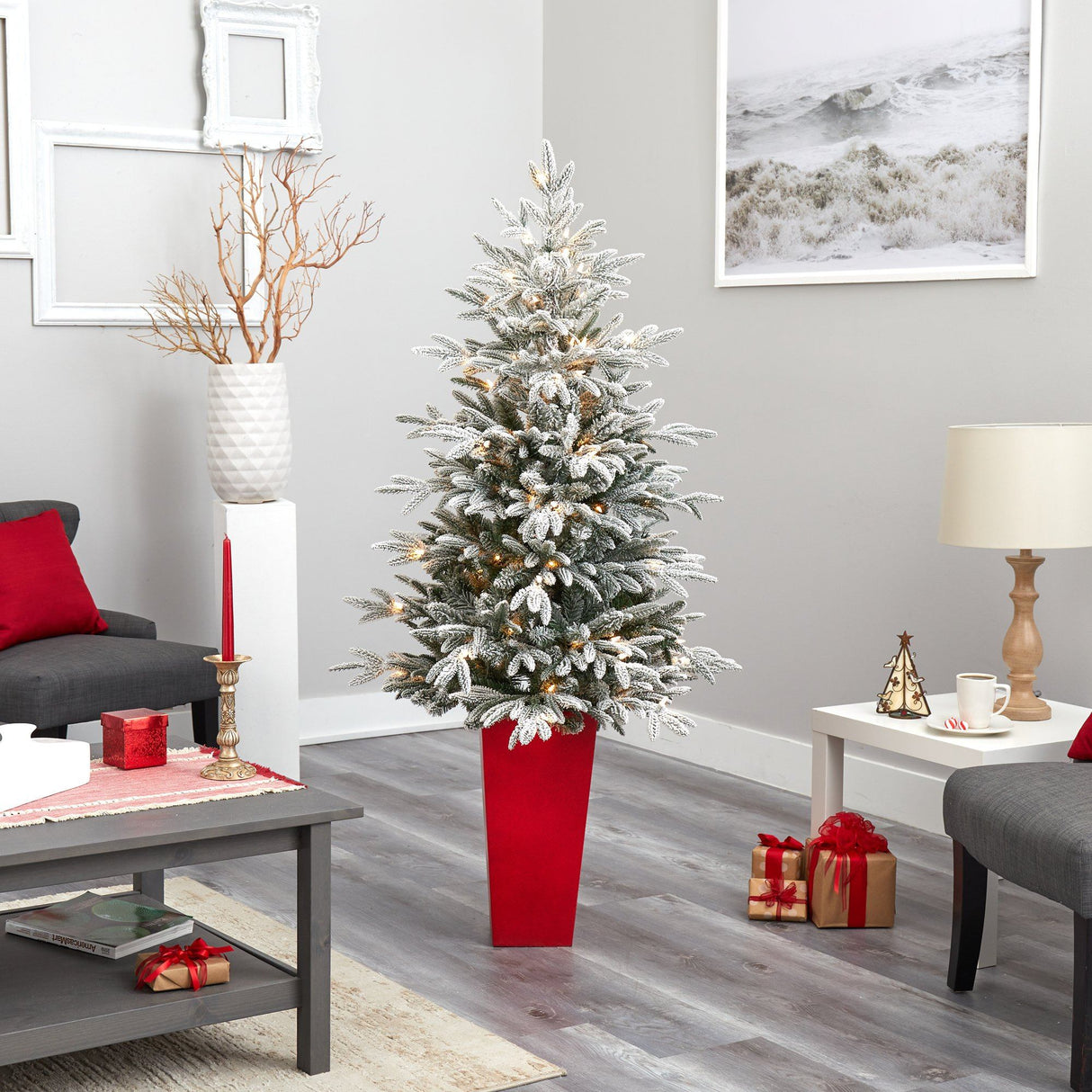 5’ Flocked Manchester Spruce Artificial Christmas Tree with 100 Lights and 357 Bendable Branches in Red Tower Planter-Christmas Tree-Parc Decor