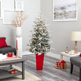 5’ Flocked Manchester Spruce Artificial Christmas Tree with 100 Lights and 357 Bendable Branches in Red Tower Planter-Christmas Tree-Parc Decor