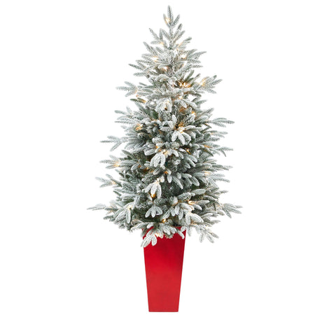 5’ Flocked Manchester Spruce Artificial Christmas Tree with 100 Lights and 357 Bendable Branches in Red Tower Planter-Christmas Tree-Parc Decor