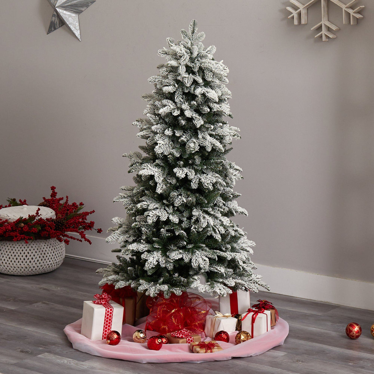 5’ Flocked North Carolina Fir Christmas Tree with 350 Warm White Lights and 1247 Bendable Branches-Christmas Tree-Parc Decor