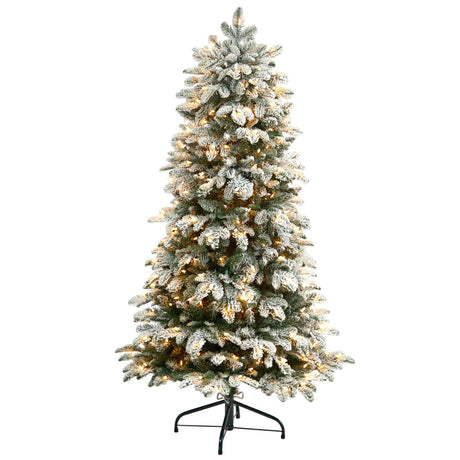 5’ Flocked North Carolina Fir Christmas Tree with 350 Warm White Lights and 1247 Bendable Branches-Christmas Tree-Parc Decor
