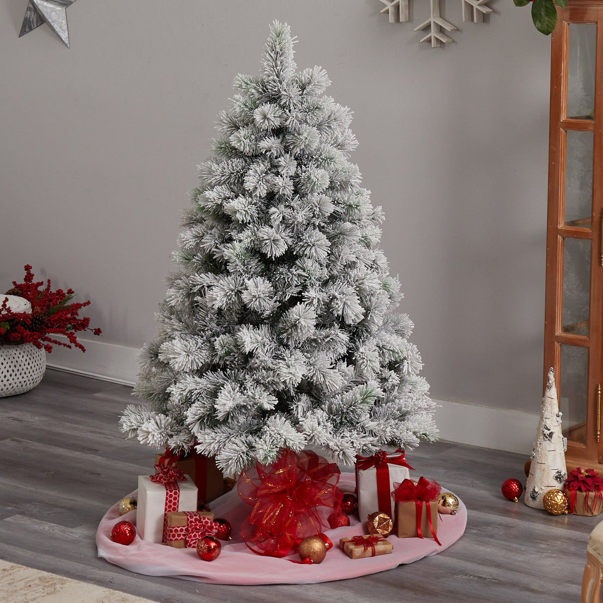 5’ Flocked Oregon Pine Artificial Christmas Tree with 200 Clear Lights and 347 Bendable Branches-Christmas Tree-Parc Decor