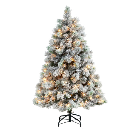 5’ Flocked Oregon Pine Artificial Christmas Tree with 200 Clear Lights and 347 Bendable Branches-Christmas Tree-Parc Decor