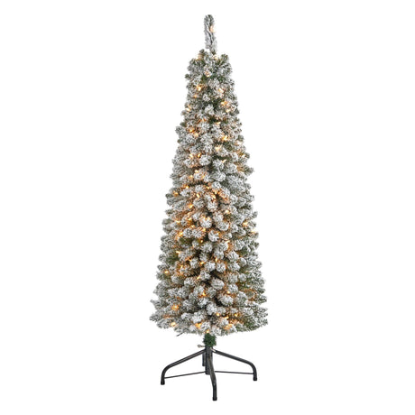 5’ Flocked Pencil Artificial Christmas Tree with 200 Clear Lights and 318 Bendable Branches-Christmas Tree-Parc Decor