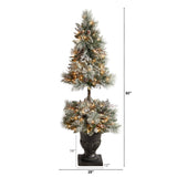 5’ Flocked Porch Christmas Tree with 100 LED Lights and 186 Bendable Branches in Decorative Urn-Christmas Tree-Parc Decor