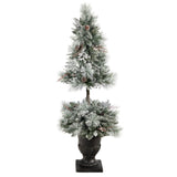5’ Flocked Porch Christmas Tree with 100 LED Lights and 186 Bendable Branches in Decorative Urn-Christmas Tree-Parc Decor