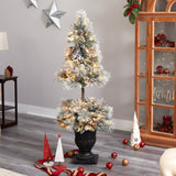 5’ Flocked Porch Christmas Tree with 100 LED Lights and 186 Bendable Branches in Decorative Urn-Christmas Tree-Parc Decor