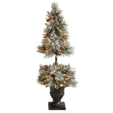 5’ Flocked Porch Christmas Tree with 100 LED Lights and 186 Bendable Branches in Decorative Urn-Christmas Tree-Parc Decor