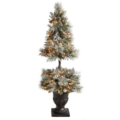 5’ Flocked Porch Christmas Tree with 100 LED Lights and 186 Bendable Branches in Decorative Urn-Christmas Tree-Parc Decor