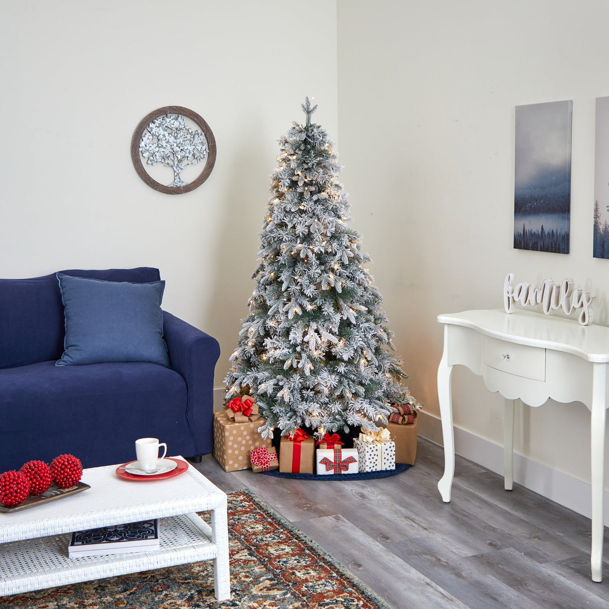 5' Flocked Vermont Mixed Pine Artificial Christmas Tree with 150 Clear LED Lights-Christmas Tree-Parc Decor