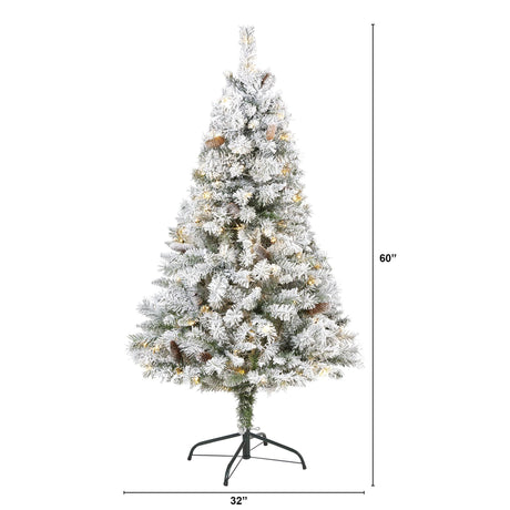 5' Flocked White River Mountain Pine Artificial Christmas Tree with Pinecones and 150 Clear LED Lights-Christmas Tree-Parc Decor