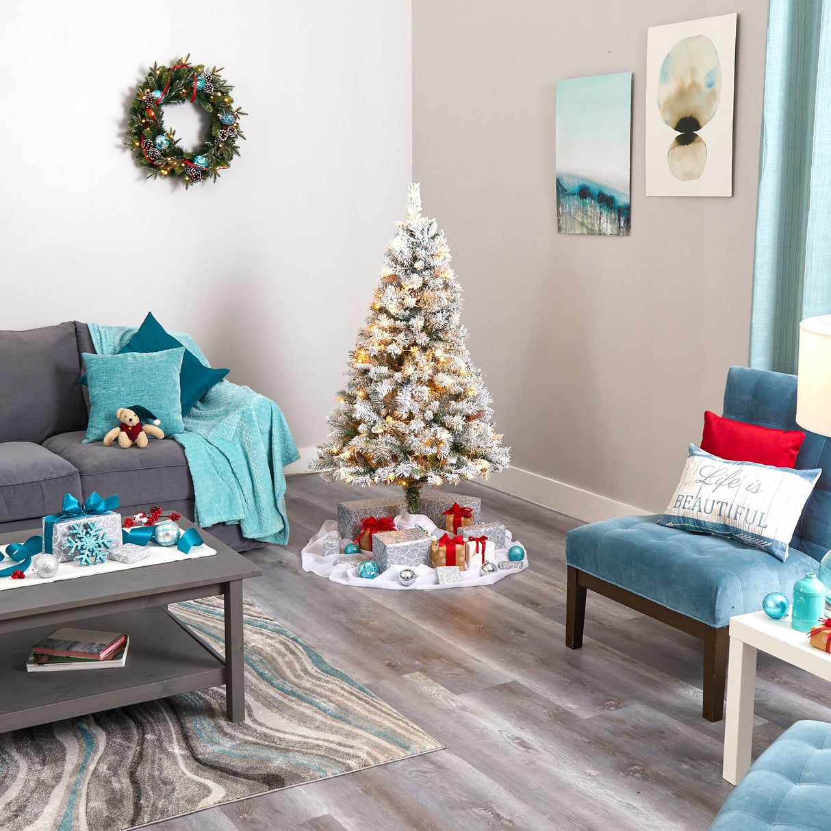 5' Flocked White River Mountain Pine Artificial Christmas Tree with Pinecones and 150 Clear LED Lights-Christmas Tree-Parc Decor