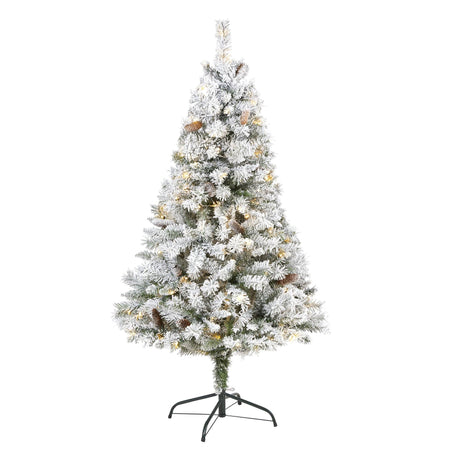 5' Flocked White River Mountain Pine Artificial Christmas Tree with Pinecones and 150 Clear LED Lights-Christmas Tree-Parc Decor