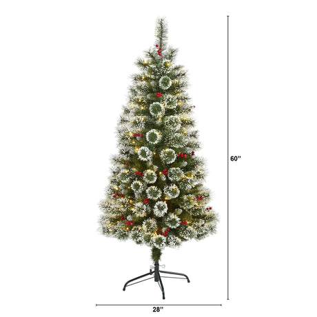 5’ Frosted Swiss Pine Artificial Christmas Tree with 200 Clear LED Lights and Berries-Christmas Tree-Parc Decor