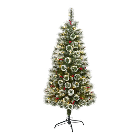 5’ Frosted Swiss Pine Artificial Christmas Tree with 200 Clear LED Lights and Berries-Christmas Tree-Parc Decor