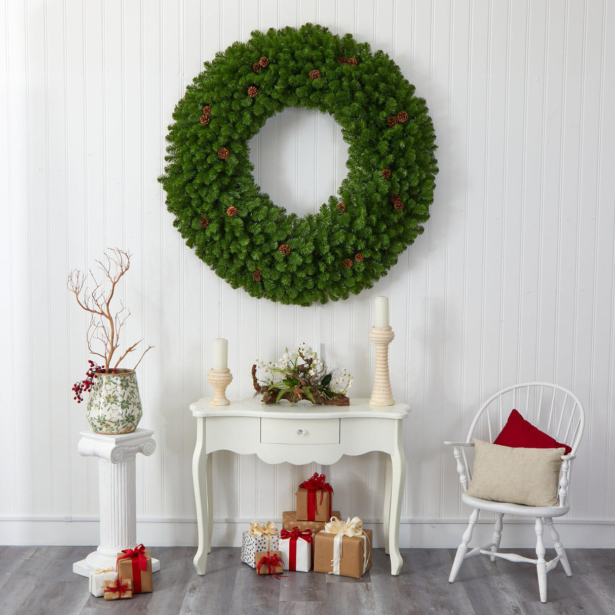 5’ Giant Artificial Christmas Wreath with 280 Warm White Lights and Pine Cones-Wreath-Parc Decor