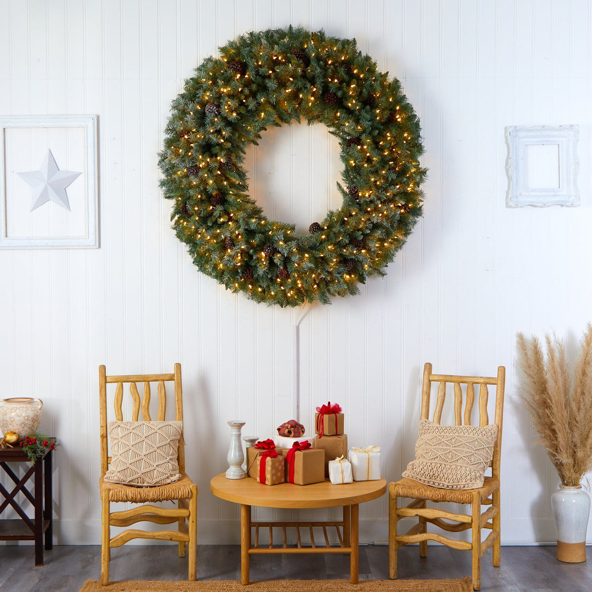 5’ Giant Flocked Christmas Wreath with Pinecones, 400 Clear LED Lights and 760 Bendable Branches-Wreath-Parc Decor