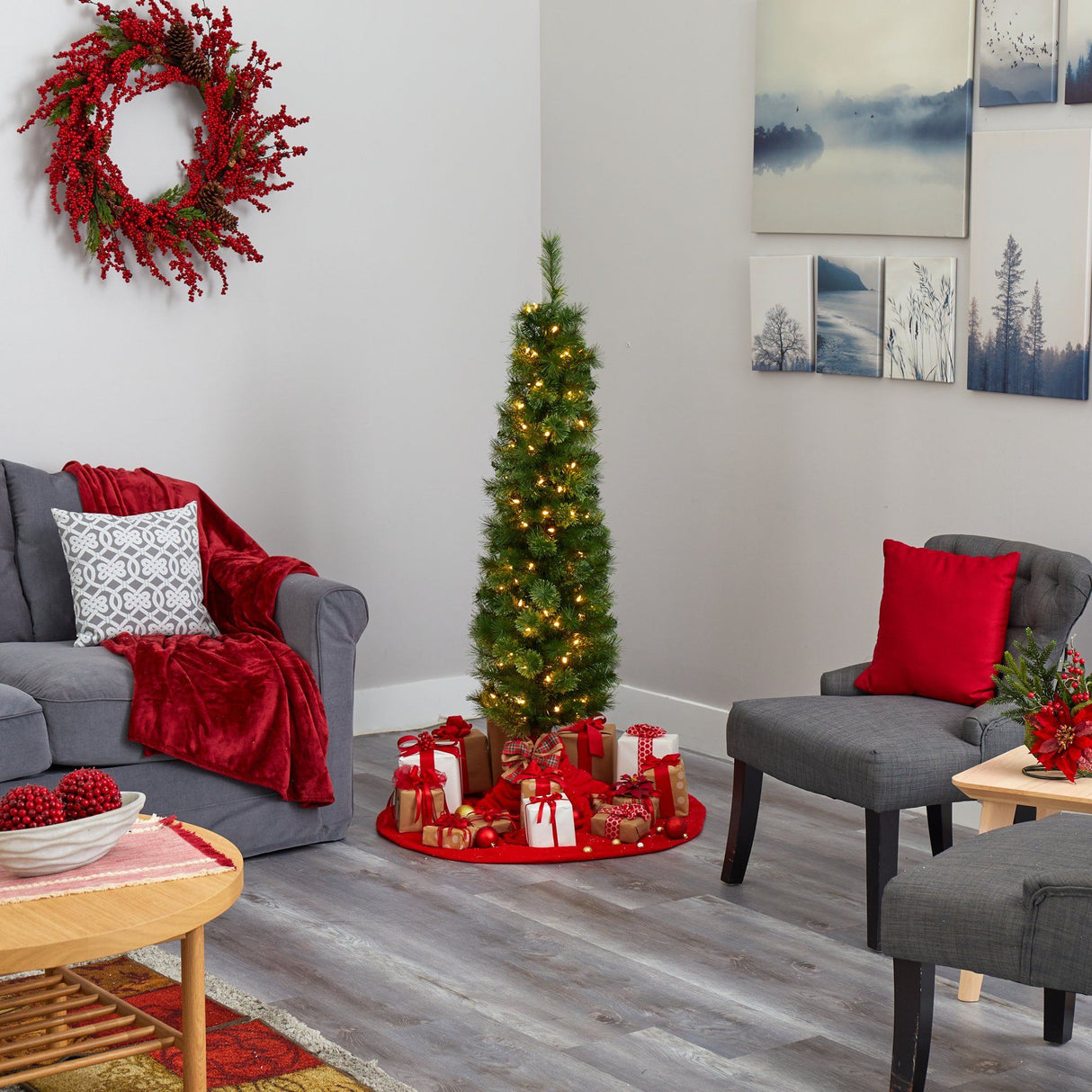 5' Green Pencil Artificial Christmas Tree with 100 Clear (Multifunction) LED Lights and 198 Bendable Branches-Christmas Tree-Parc Decor