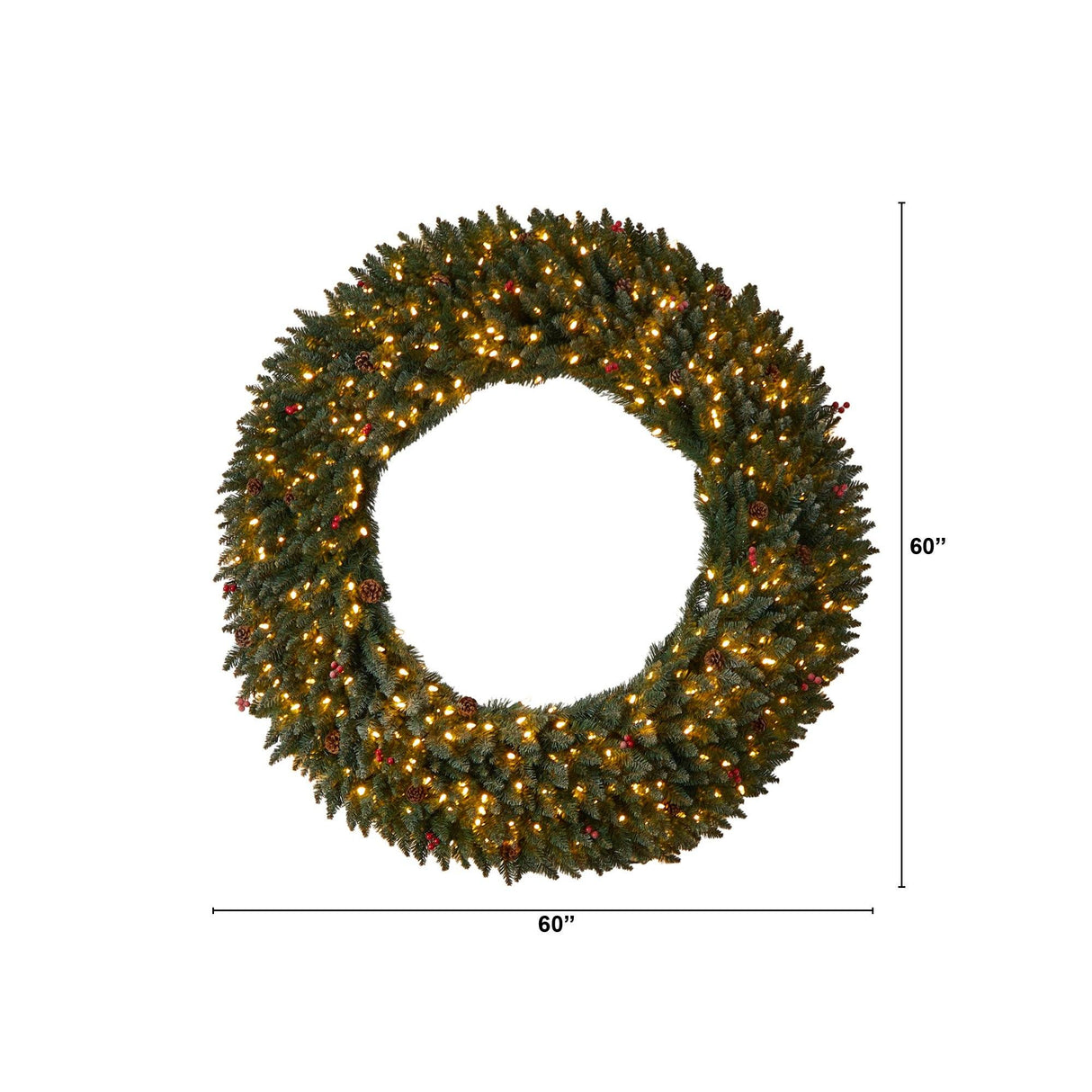 5’ Large Flocked Wreath with Pinecones, Berries, 400 Clear LED Lights and 820 Bendable Branches-Wreath-Parc Decor