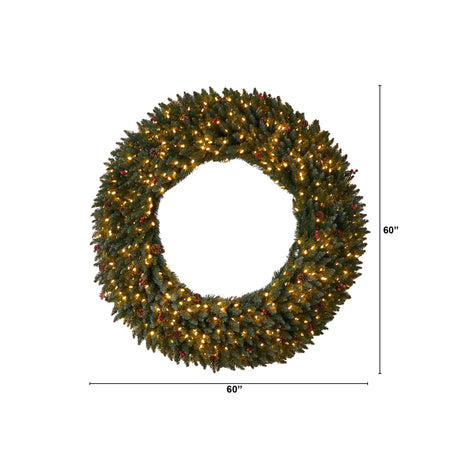 5’ Large Flocked Wreath with Pinecones, Berries, 400 Clear LED Lights and 820 Bendable Branches-Wreath-Parc Decor