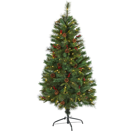 5’ Mixed Pine Artificial Christmas Tree with 150 Clear LED Lights, Pine Cones and Berries-Christmas Tree-Parc Decor