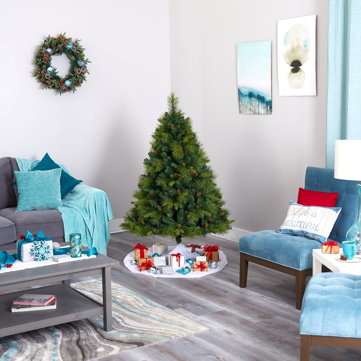 5’ North Carolina Mixed Pine Artificial Christmas Tree with 200 Warm White LED Lights, 711 Bendable Branches and Pinecones-Christmas Tree-Parc Decor