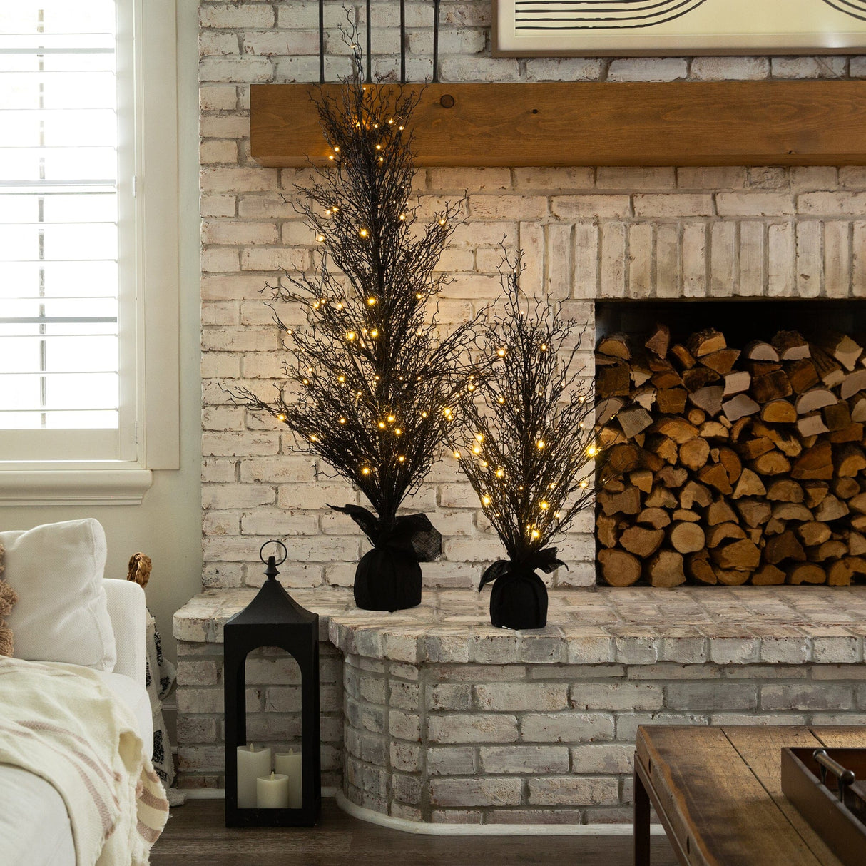 5’ Pre-Lit Halloween Black Twig Artificial Fall Tree in Burlap Planter with 85 Warm White LED Lights-Tree-Parc Decor