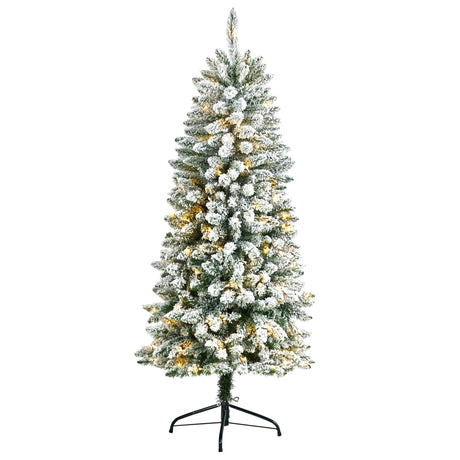 5’ Slim Flocked Montreal Fir Christmas Tree with 150 Warm White LED Lights and 491 Bendable Branches-Christmas Tree-Parc Decor