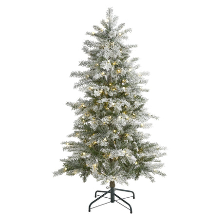 5’ Slim Flocked Nova Scotia Spruce Artificial Christmas Tree with 150 Warm White LED Lights and 433 Bendable Branches-Christmas Tree-Parc Decor