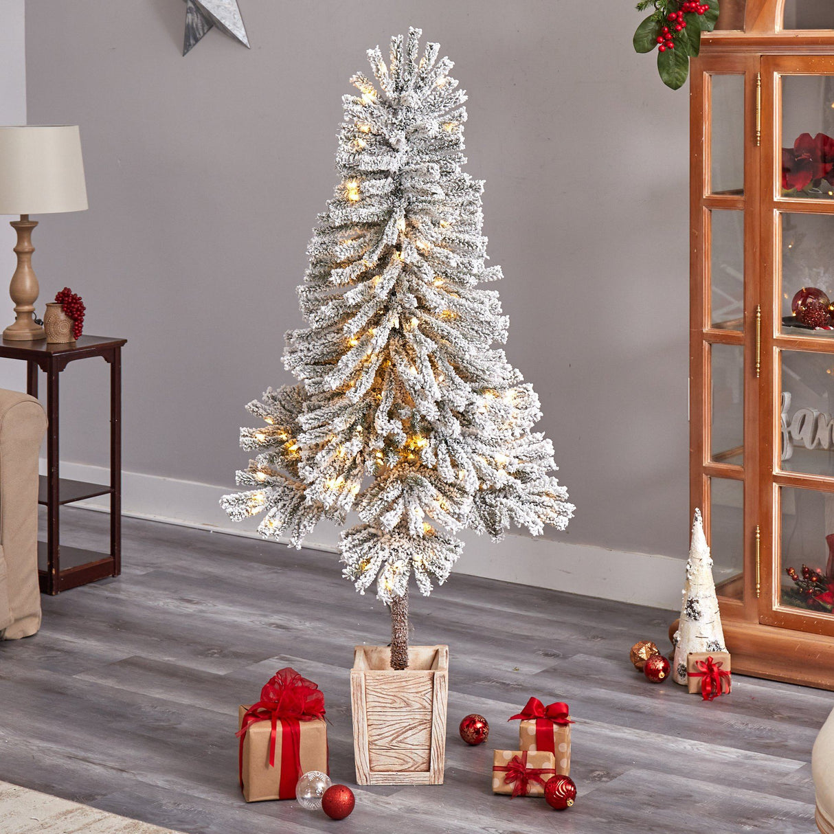 5' Winter Flocked Leaning Christmas Tree Pre-Lit-Christmas Tree-Parc Decor