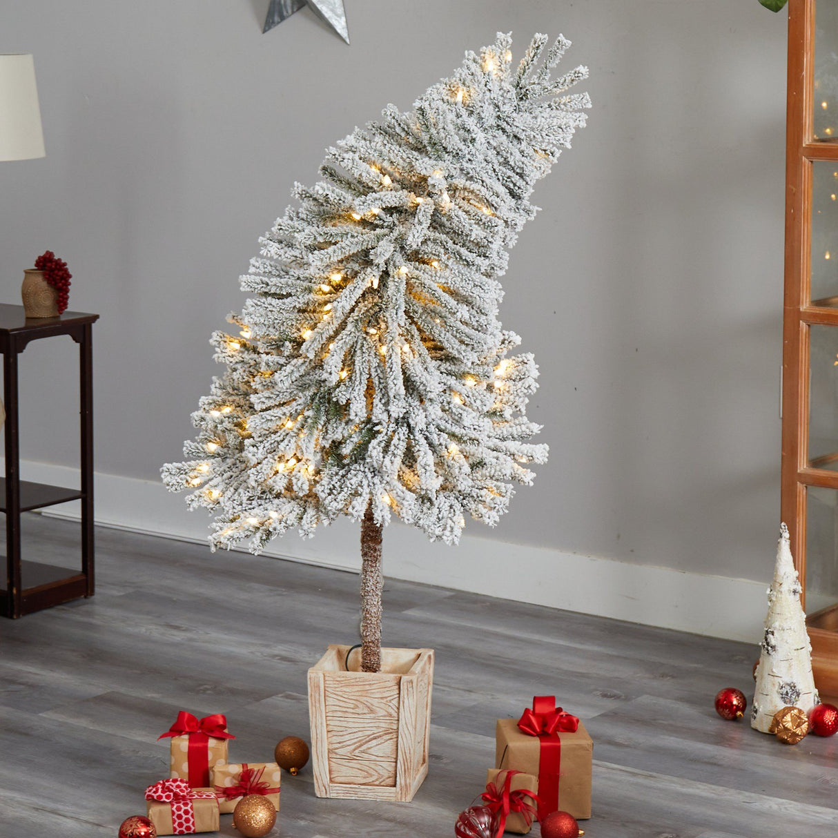 5' Winter Flocked Leaning Christmas Tree Pre-Lit-Christmas Tree-Parc Decor