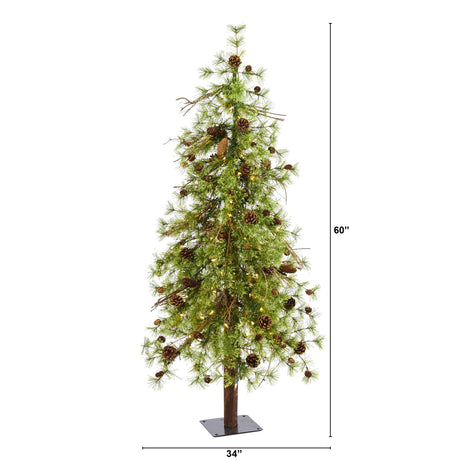 5' Wyoming Alpine Artificial Christmas Tree with 100 Clear (multifunction) LED Lights and Pine Cones on Natural Trunk-Christmas Tree-Parc Decor