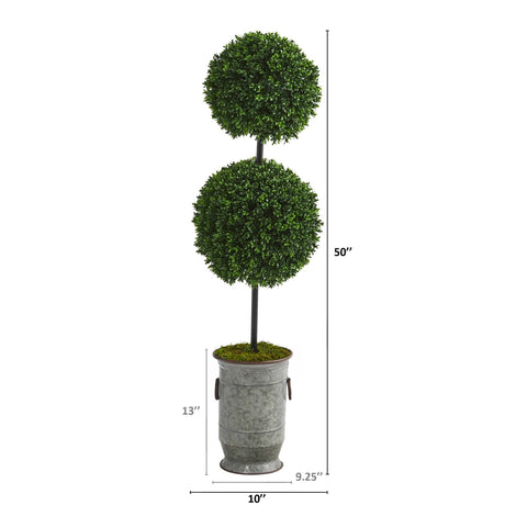 50” Boxwood Double Ball Artificial Topiary Tree in Vintage Metal Planter (Indoor/Outdoor)-Parc Decor