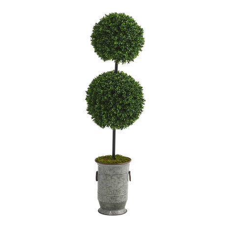 50” Boxwood Double Ball Artificial Topiary Tree in Vintage Metal Planter (Indoor/Outdoor)-Parc Decor