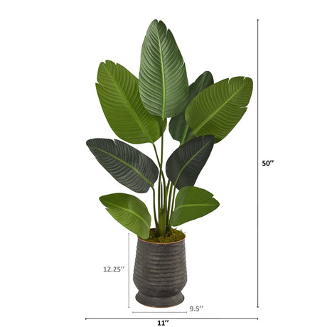 50” Travelers Palm Artificial Tree in Ribbed Metal Planter-Parc Decor
