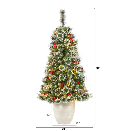 50” Frosted Swiss Pine Artificial Christmas Tree with 100 Clear LED Lights and Berries in White Planter-Christmas Tree-Parc Decor