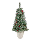 50” Frosted Swiss Pine Artificial Christmas Tree with 100 Clear LED Lights and Berries in White Planter-Christmas Tree-Parc Decor