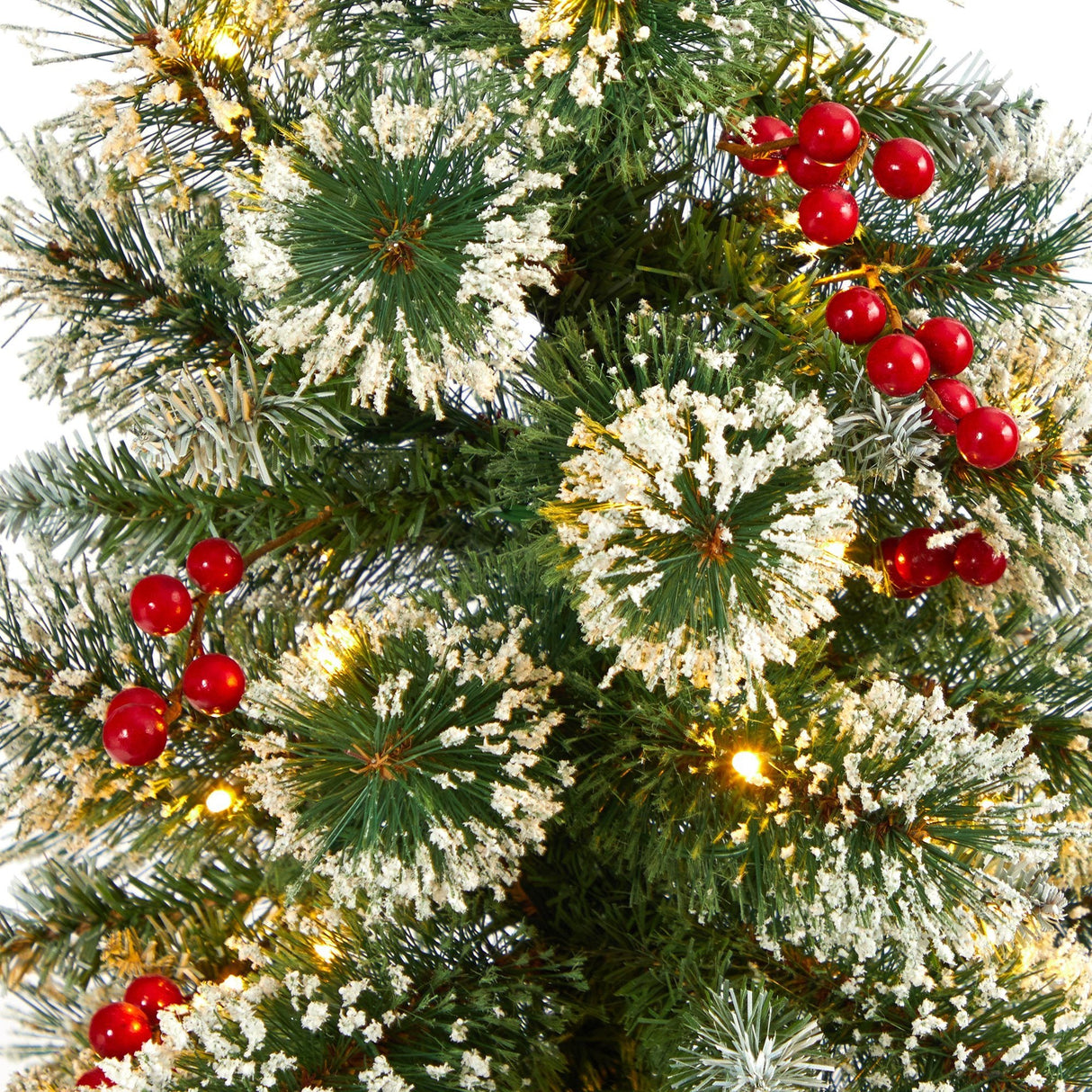 50” Frosted Swiss Pine Artificial Christmas Tree with 100 Clear LED Lights and Berries in White Planter-Christmas Tree-Parc Decor