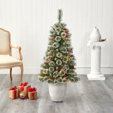 50” Frosted Swiss Pine Artificial Christmas Tree with 100 Clear LED Lights and Berries in White Planter-Christmas Tree-Parc Decor