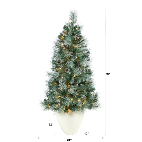 50” Frosted Tip British Columbia Mountain Pine Artificial Christmas Tree with 100 Clear Lights, Pine Cones and 228 Bendable Branches in White Planter-Christmas Tree-Parc Decor