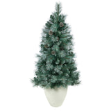 50” Frosted Tip British Columbia Mountain Pine Artificial Christmas Tree with 100 Clear Lights, Pine Cones and 228 Bendable Branches in White Planter-Christmas Tree-Parc Decor