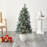 50” Frosted Tip British Columbia Mountain Pine Artificial Christmas Tree with 100 Clear Lights, Pine Cones and 228 Bendable Branches in White Planter-Christmas Tree-Parc Decor