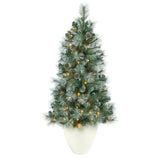 50” Frosted Tip British Columbia Mountain Pine Artificial Christmas Tree with 100 Clear Lights, Pine Cones and 228 Bendable Branches in White Planter-Christmas Tree-Parc Decor