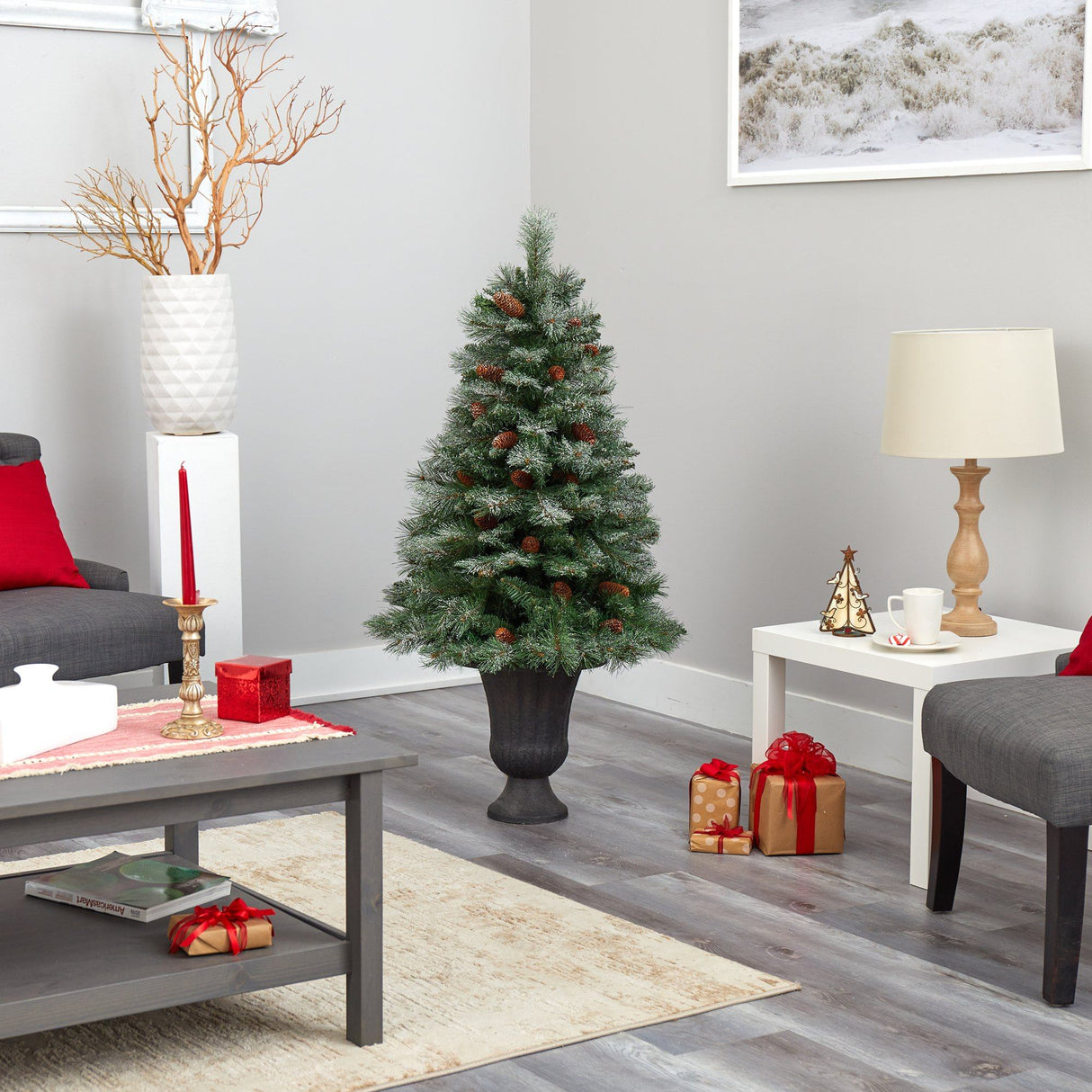 50” Snowed French Alps Mountain Pine Artificial Christmas Tree with 237 Bendable Branches and Pine Cones in Charcoal Planter-Christmas Tree-Parc Decor