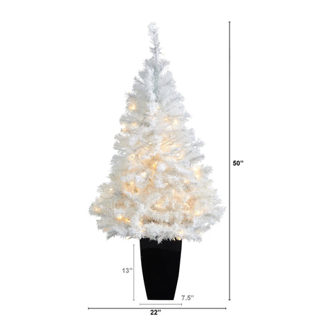 50” White Artificial Christmas Tree with 100 Clear LED Lights in Black Metal Planter-Christmas Tree-Parc Decor