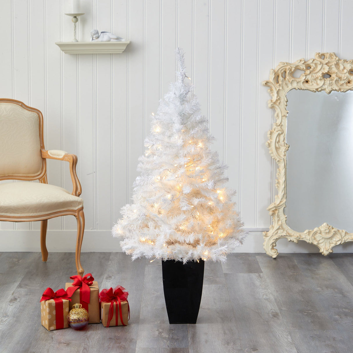 50” White Artificial Christmas Tree with 100 Clear LED Lights in Black Metal Planter-Christmas Tree-Parc Decor