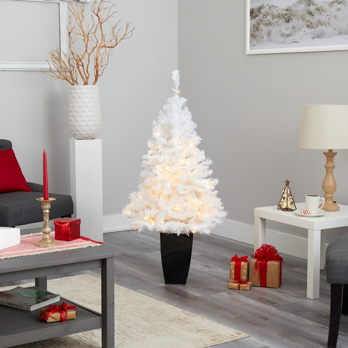 50” White Artificial Christmas Tree with 100 Clear LED Lights in Black Metal Planter-Christmas Tree-Parc Decor