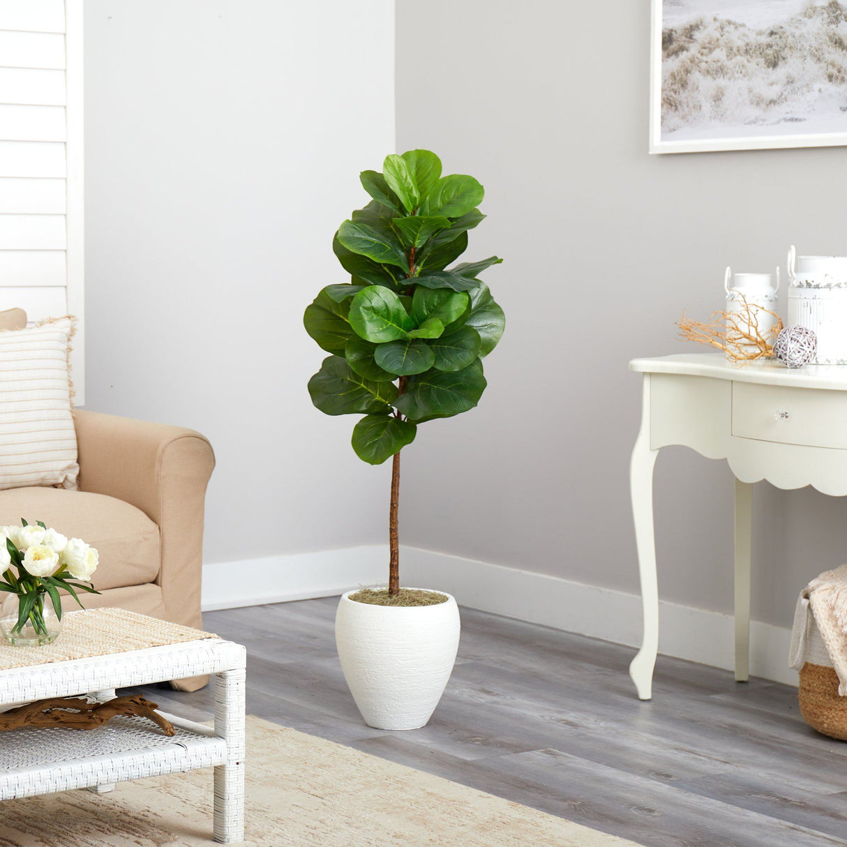 52” Fiddle Leaf Artificial Tree in White Planter-Parc Decor